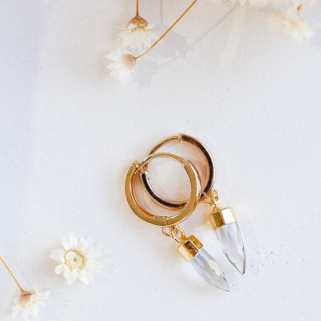 Gold Clear Quartz Earrings Huggies Mermaid and Bear