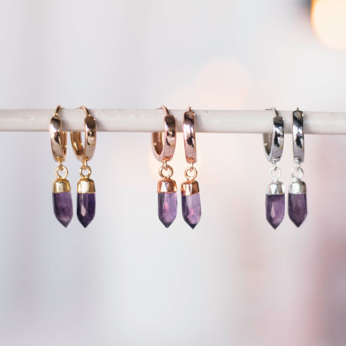 Amethyst Earring Huggies  |  Gold, Rose Gold and Silver