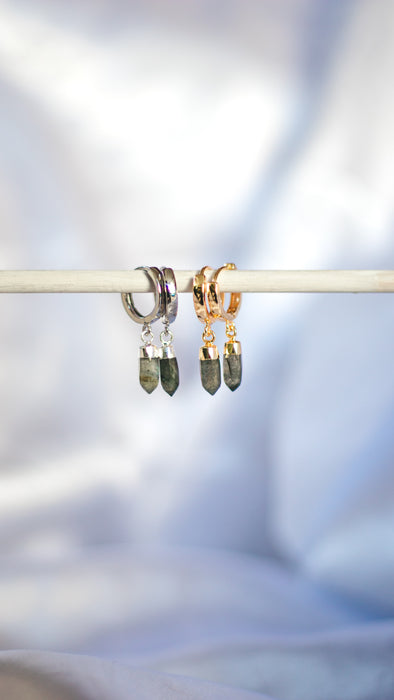 Labradorite Crystal Huggie | Gold & Silver