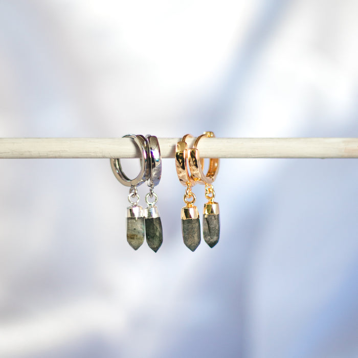 Labradorite Crystal Huggie | Gold & Silver