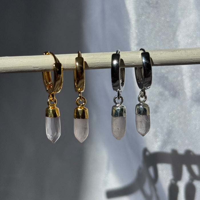 Rose Quartz Crystal Huggie | Gold & Silver