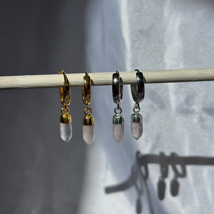 Rose Quartz Crystal Huggie | Gold & Silver