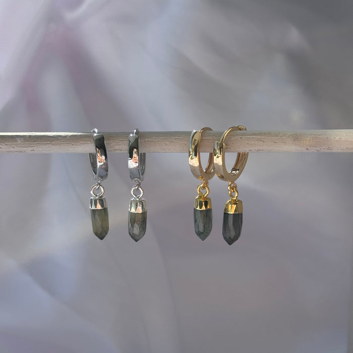 Labradorite Crystal Huggie | Gold & Silver