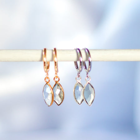 Pair of gold earrings on a blurred abstract background