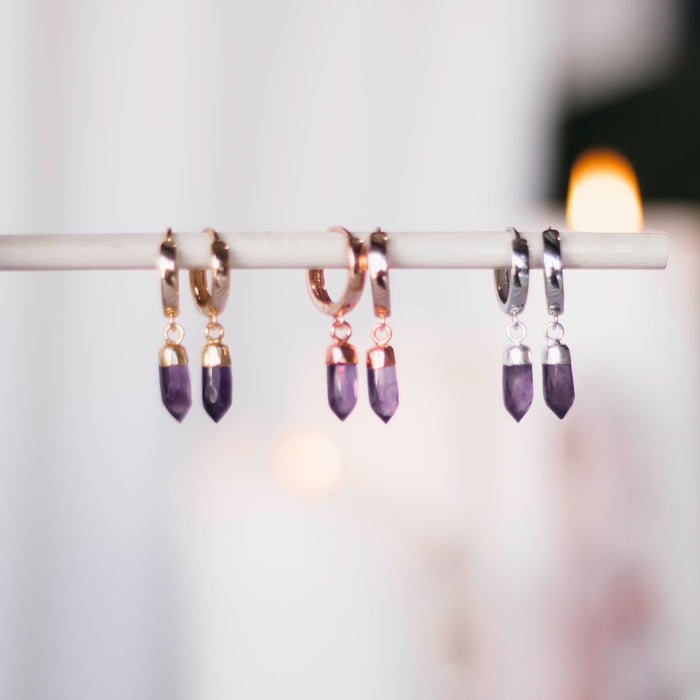 Amethyst Earring Huggies  |  Gold, Rose Gold and Silver