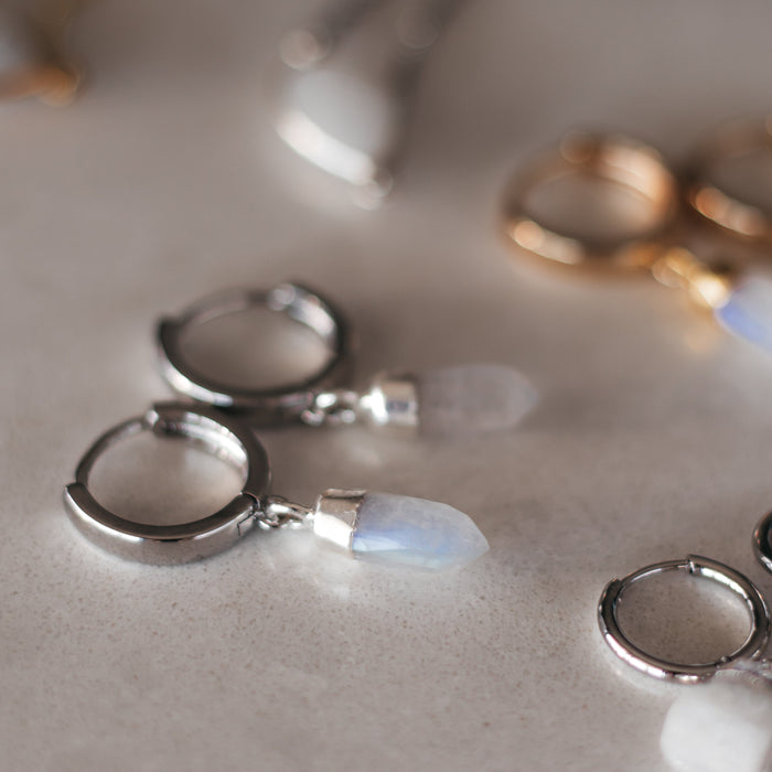 Moonstone Huggie  |  Gemstone Crystal Earrings Gold, Silver, Rose Gold