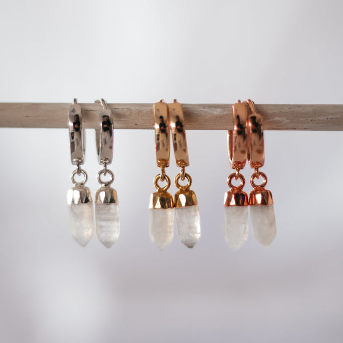 Moonstone Huggie  |  Gemstone Crystal Earrings Gold, Silver, Rose Gold