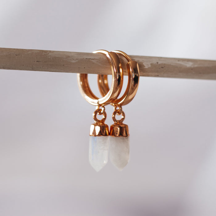 Moonstone Huggie  |  Gemstone Crystal Earrings Gold, Silver, Rose Gold