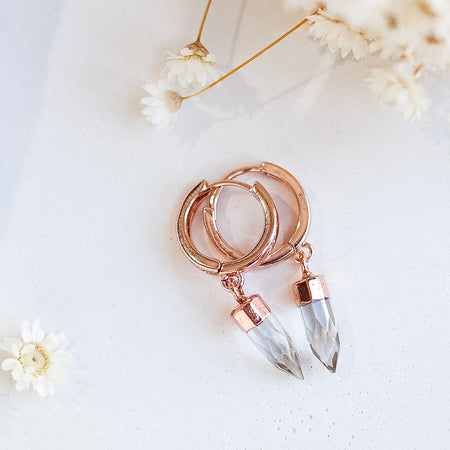 Rose Gold Clear Quartz Earrings Huggies Mermaid and Bear