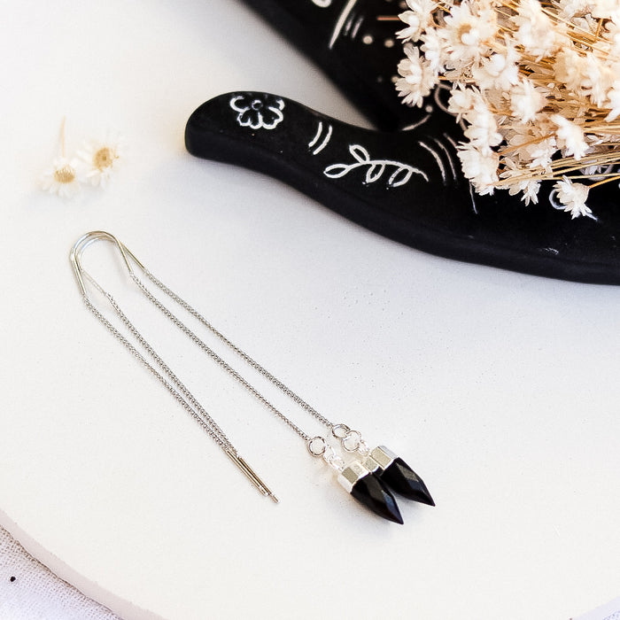 Black Onyx Drop Earrings | Boho Unique Earrings in Silver 