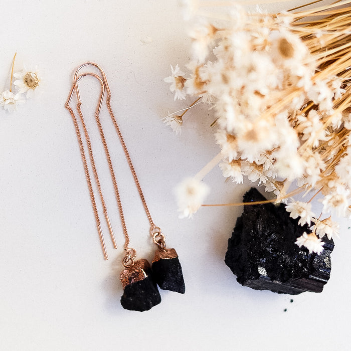 Black Tourmaline Drop Earrings  |  Unique Boho Crystal Gemstone Drops | 18ct Rose Gold Plated