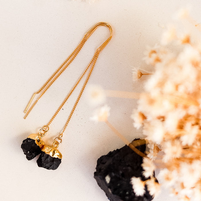 Black Tourmaline Drop Earrings  |  Unique Boho Crystal Gemstone Drops | 18ct Gold Plated