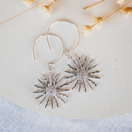 Silver Celestial Sun Luxe Hoop Earrings