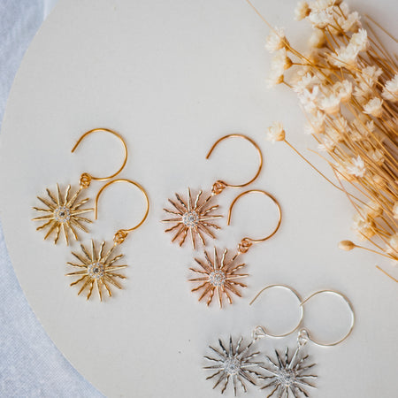 18 Carat Dipped Gold, Rose Gold and Silver Celestial Sun Earring Hoops