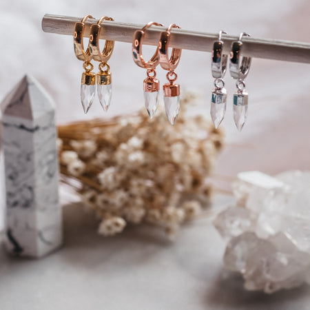 Clear Quartz Earring Huggies in Yellow Gold, Rose Gold and Silver - Mermaid and Bear